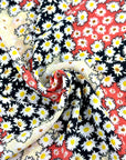 (WOVEN) WHITE FLOWERS ON LIGHT YELLOW, CORAL AND BLACK