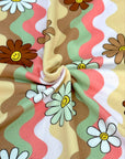 (SWEATER KNIT/ OAKLEY) BROWN, MINT, AND WHITE HAPPY FACE FLOWERS ON COLORFUL SWIRL