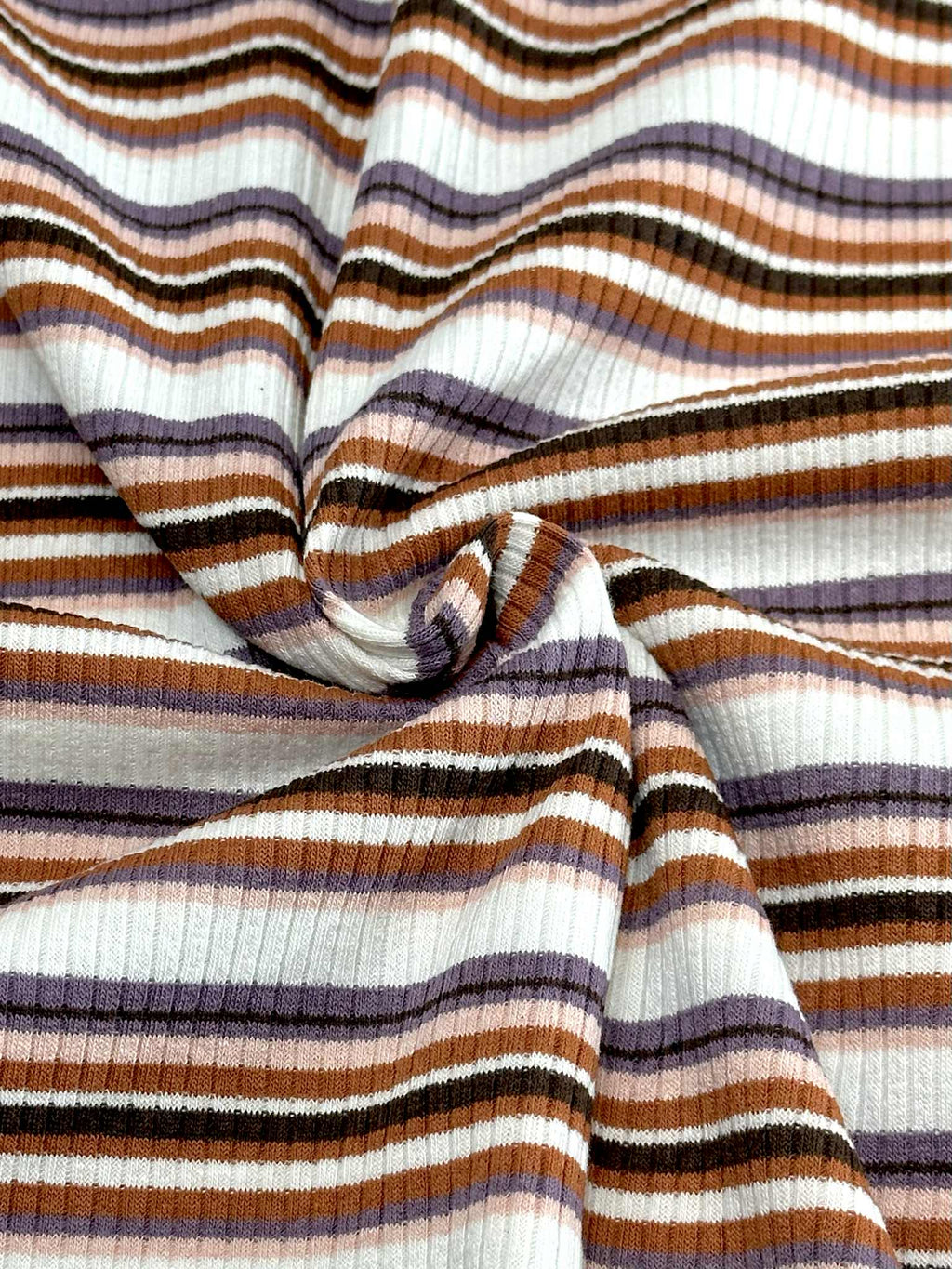 (COTTON RIB) BLUSH, VINTAGE PURPLE, RUST AND BROWN STRIPES ON OFF WHITE