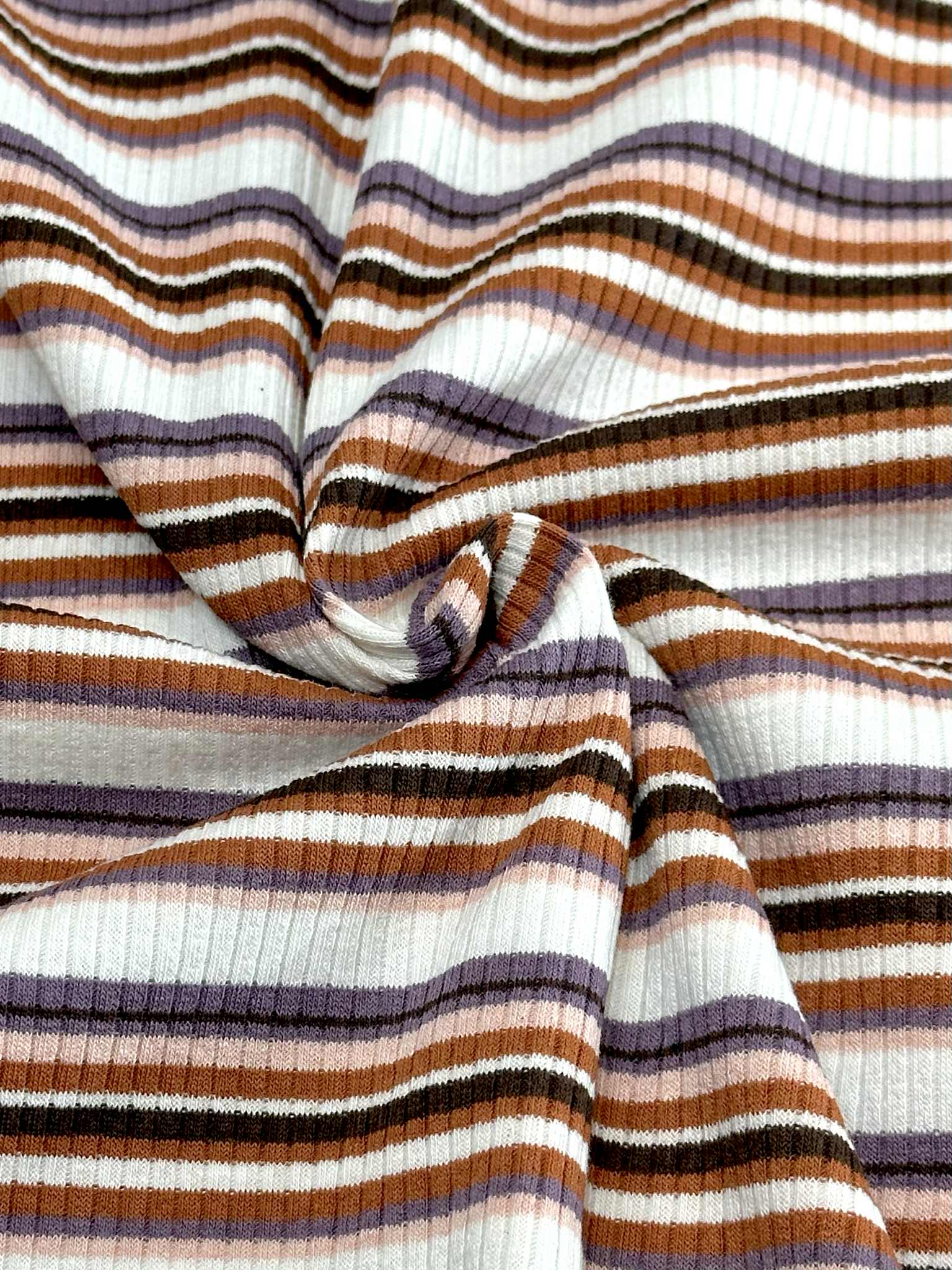 (COTTON RIB) BLUSH, VINTAGE PURPLE, RUST AND BROWN STRIPES ON OFF WHITE