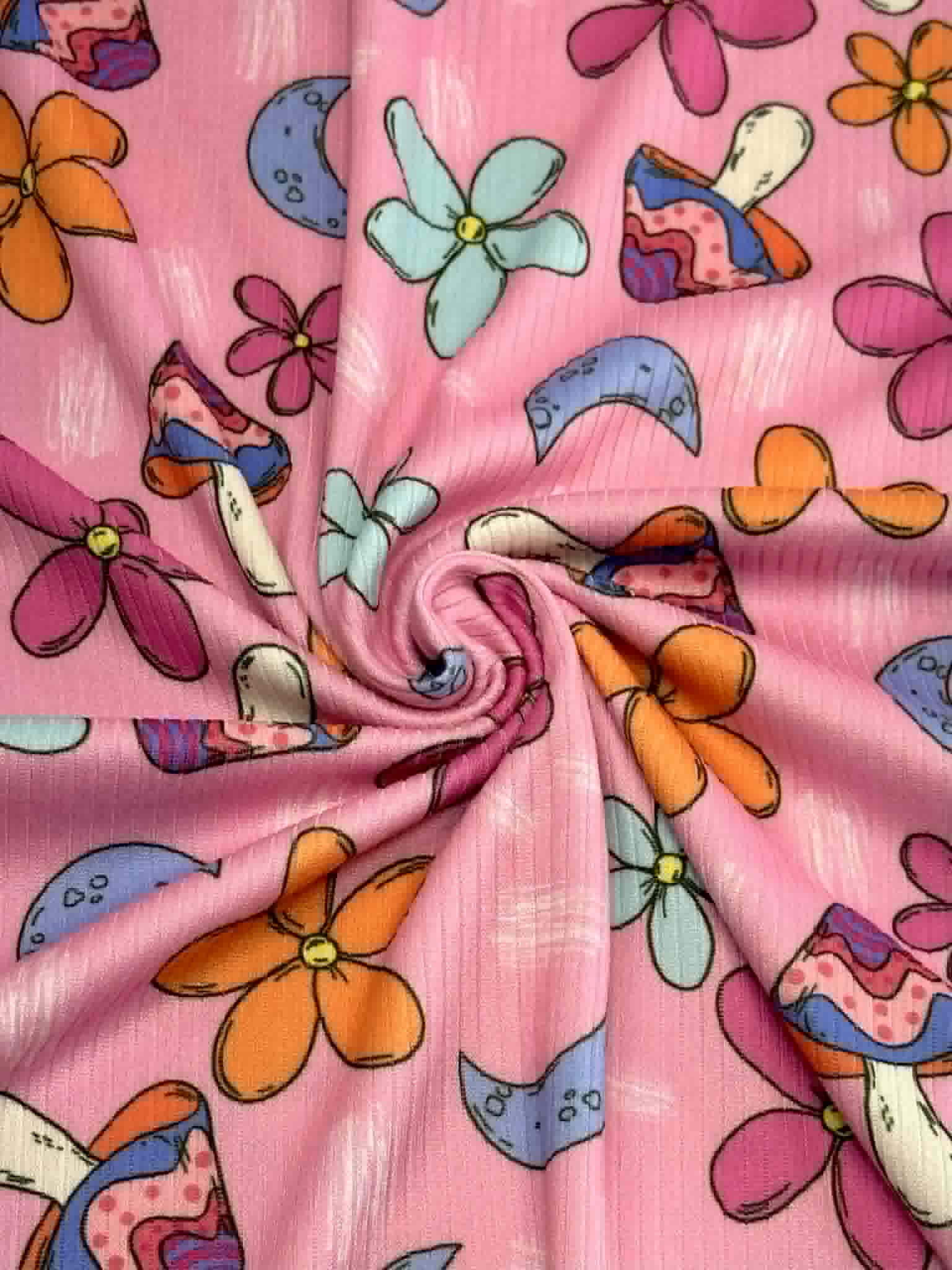 (4X2 YUMMY RIB) MUSHROOMS AND FLOWERS ON PINK