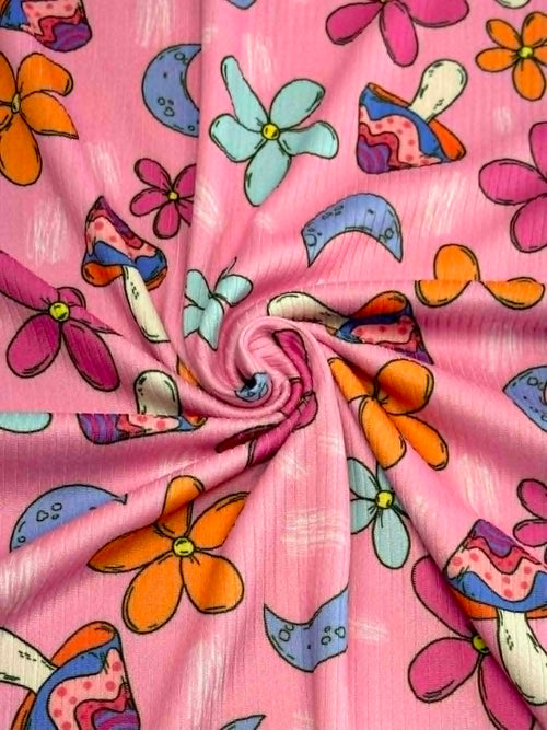 (4X2 YUMMY RIB) MUSHROOMS AND FLOWERS ON PINK