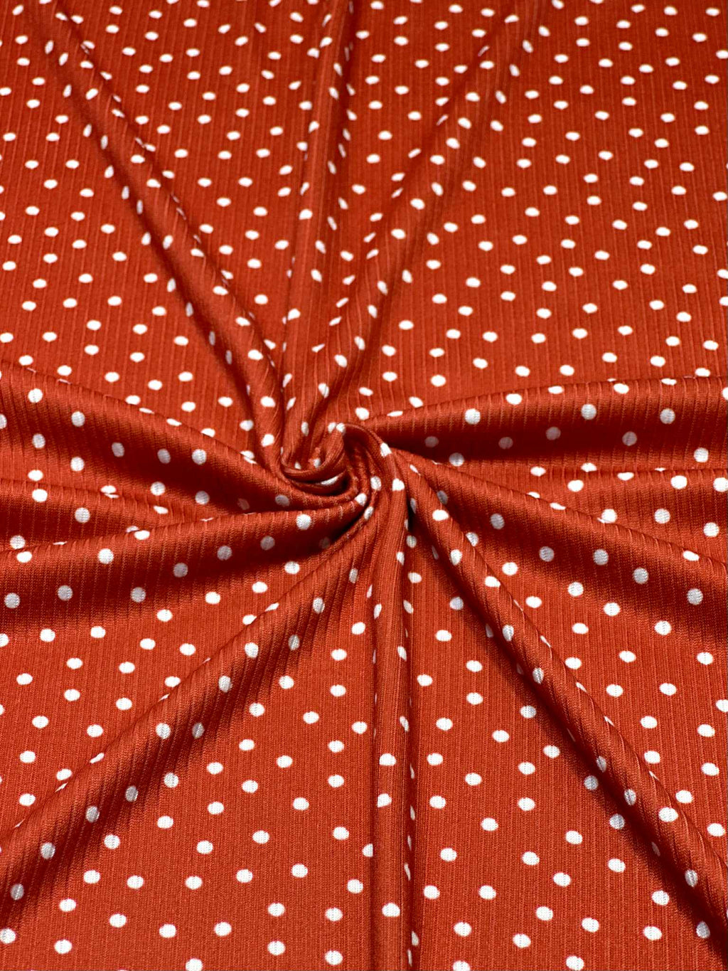 (4X2 RIB) TINY OFF WHITE POLKA DOTS ON RED