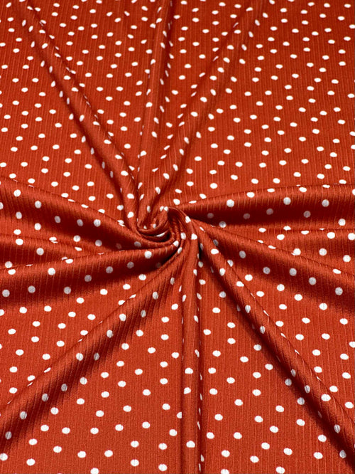 (4X2 RIB) TINY OFF WHITE POLKA DOTS ON RED