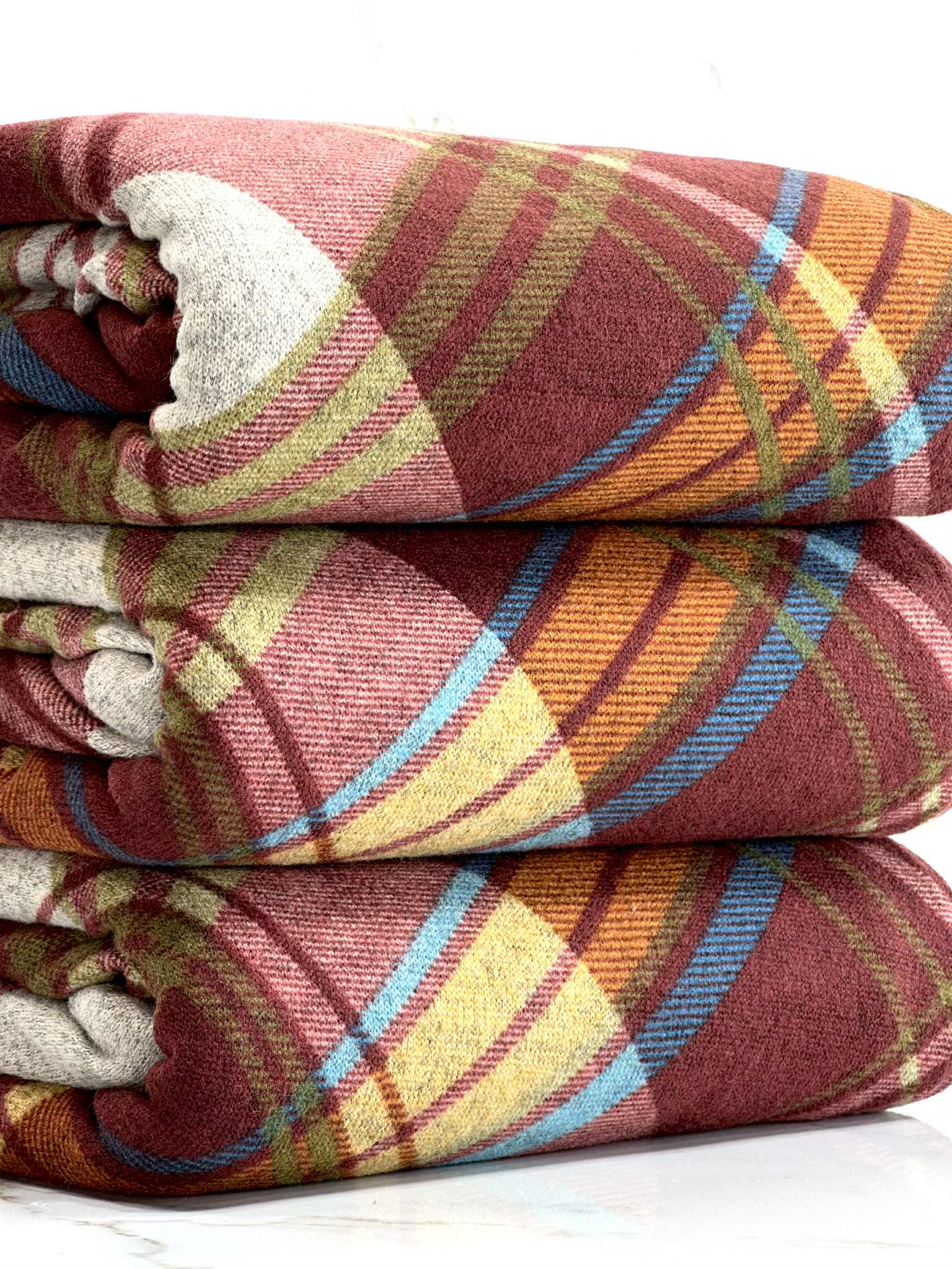 (SWEATER KNIT) BURGUNDY, MUSTARD, AND BLUE DIAGONAL PLAID