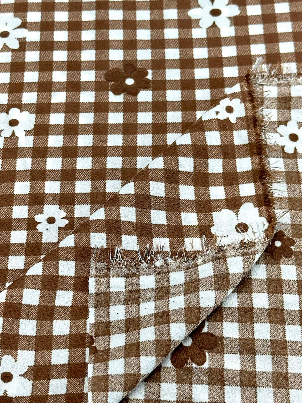 (WOVEN) BROWN AND OFF WHITE GINGHAM WITH FLOWERS