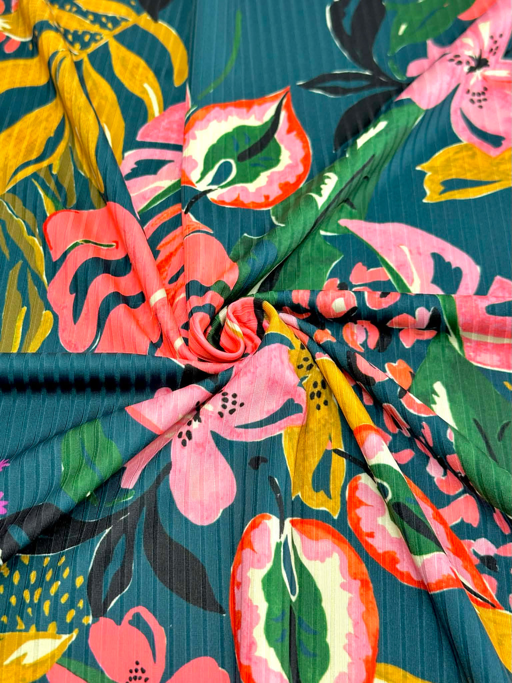 (NYLON RIB) FLORAL PATTERN ON DEEP TEAL