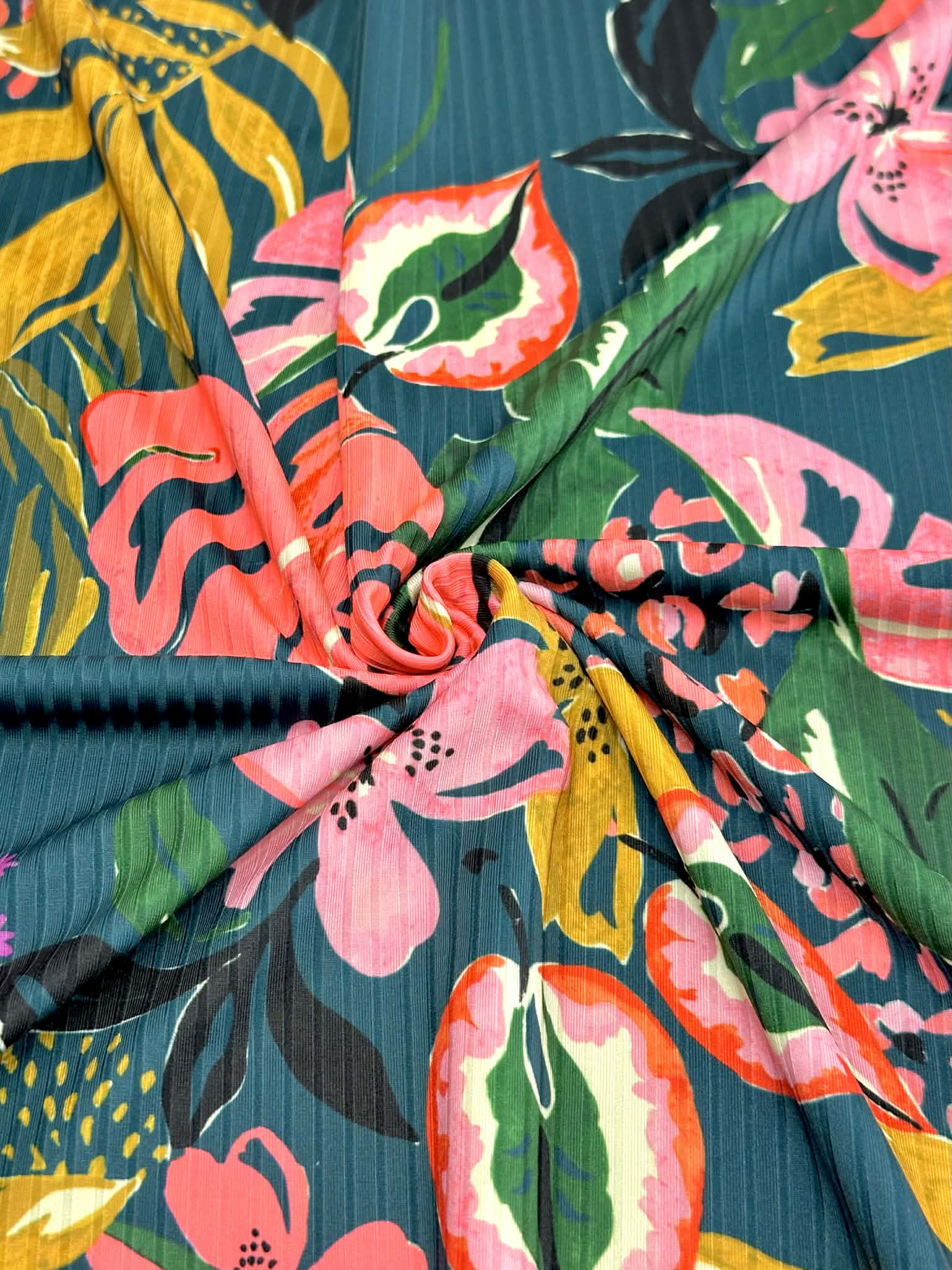 (NYLON RIB) FLORAL PATTERN ON DEEP TEAL