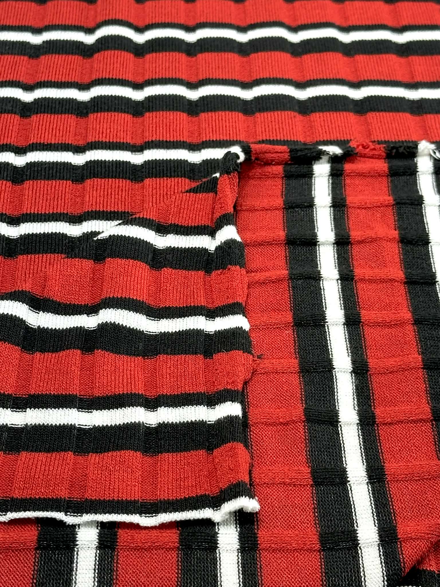 (SWEATER RIB) BLACK AND WHITE STRIPES ON RED