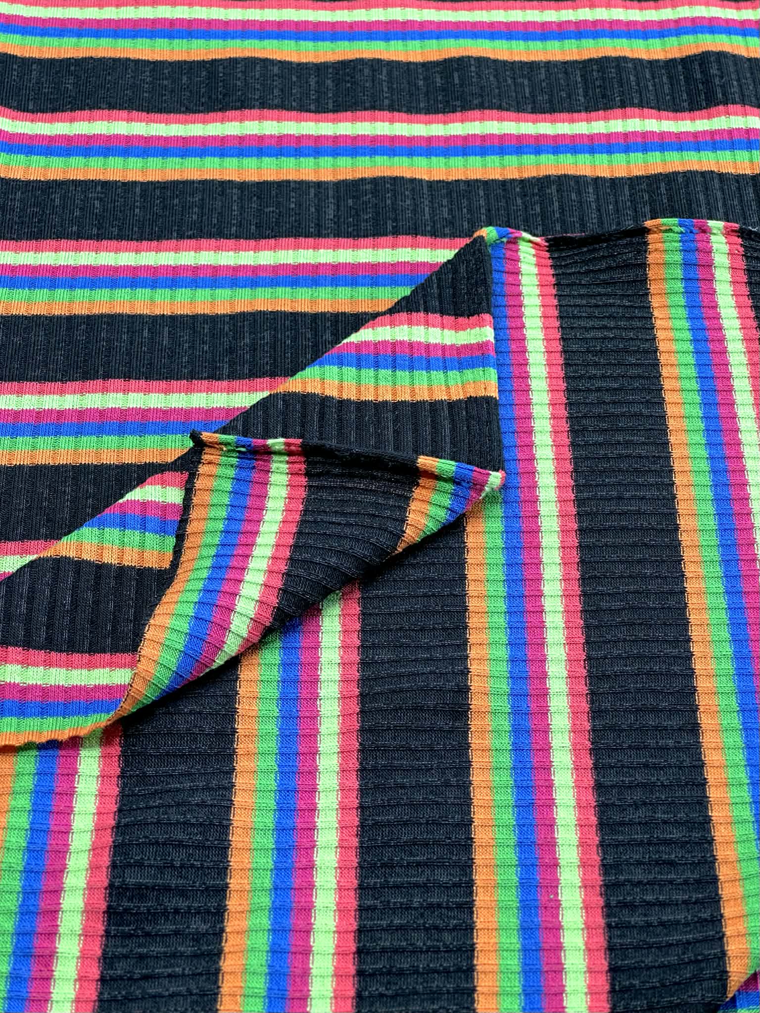 (RIB) RED, LIME, BLUE, GREEN, AND ORANGE STRIPES ON BLACK