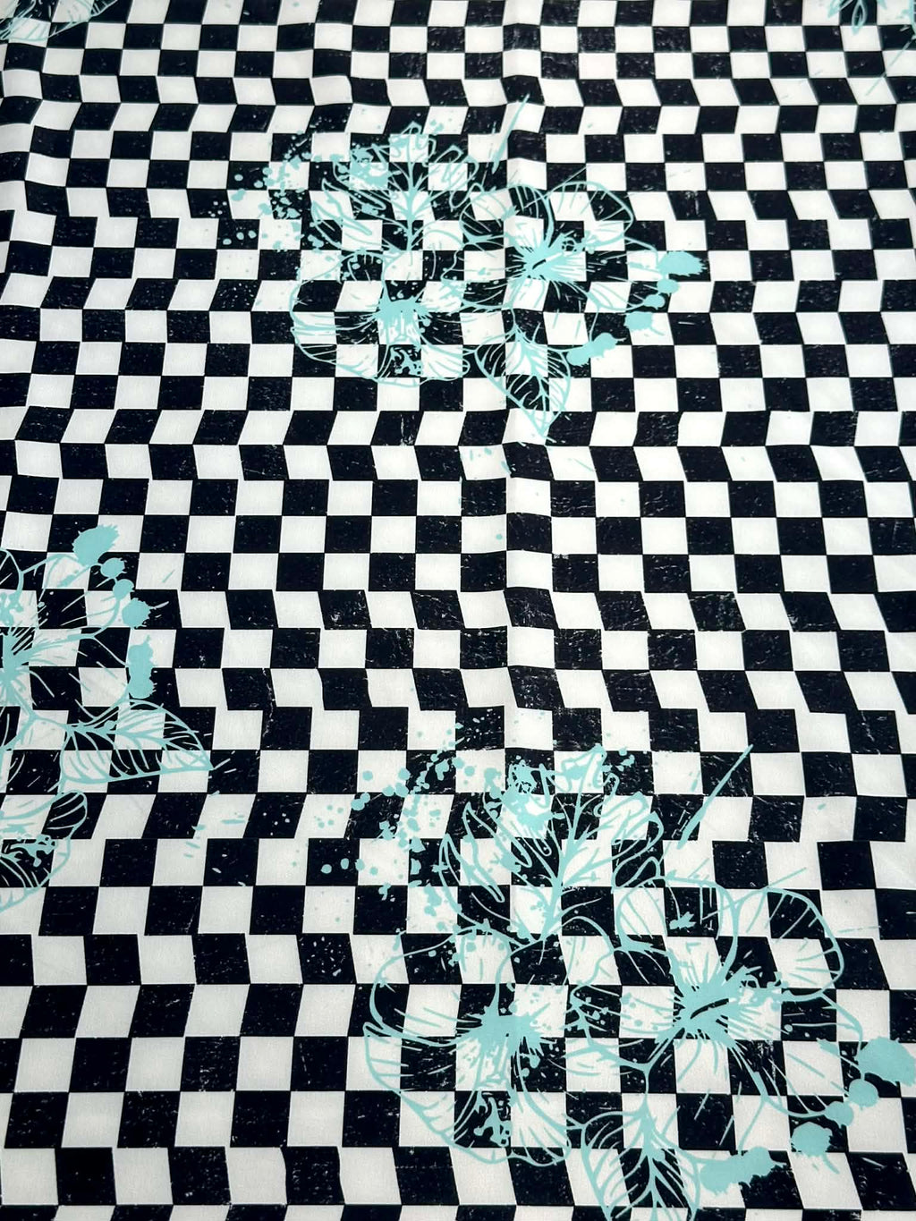 (SWIM) AQUA FLORAL ON BLACK AND VINTAGE IVORY CHECKERED
