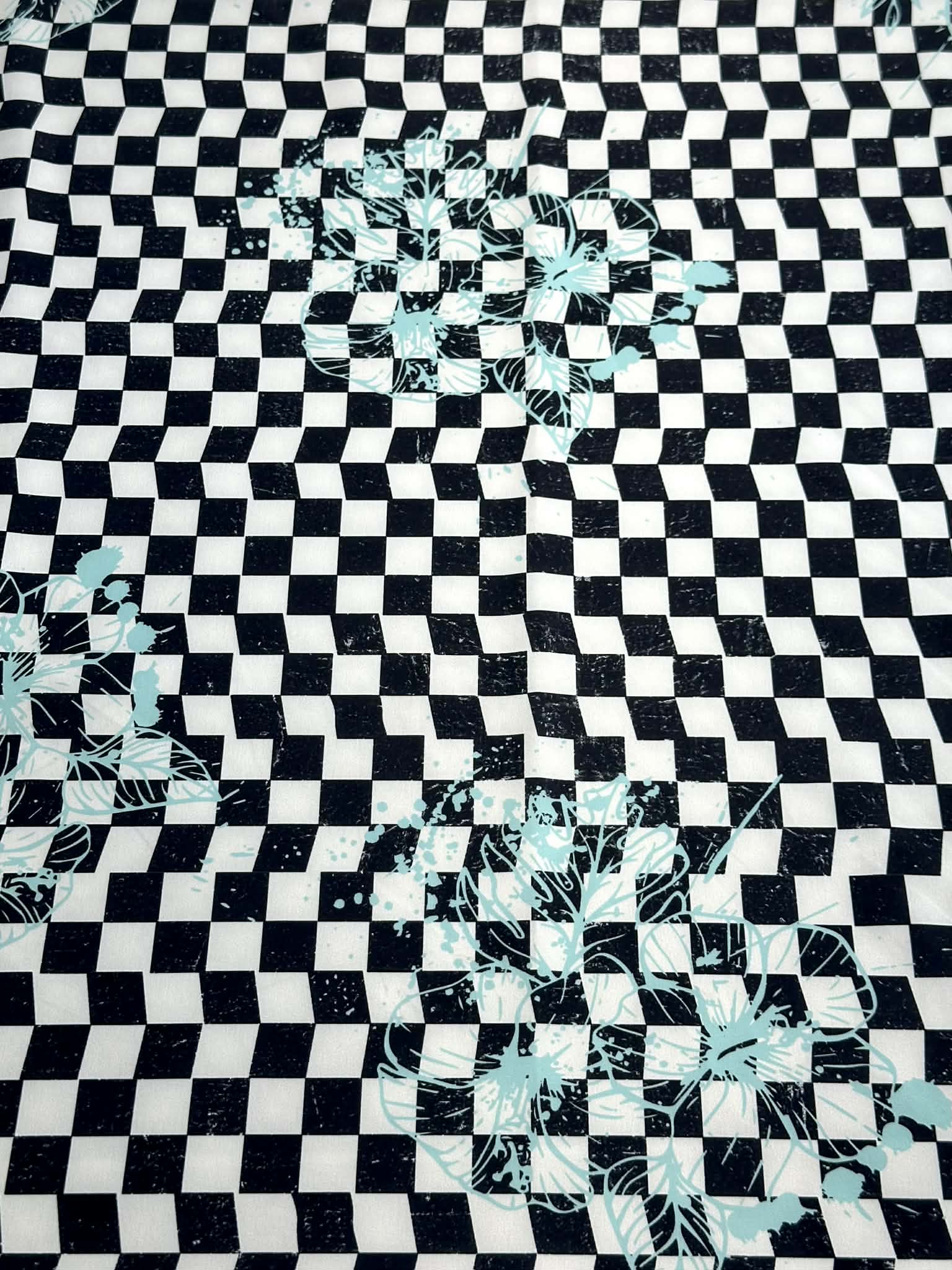 (SWIM) AQUA FLORAL ON BLACK AND VINTAGE IVORY CHECKERED
