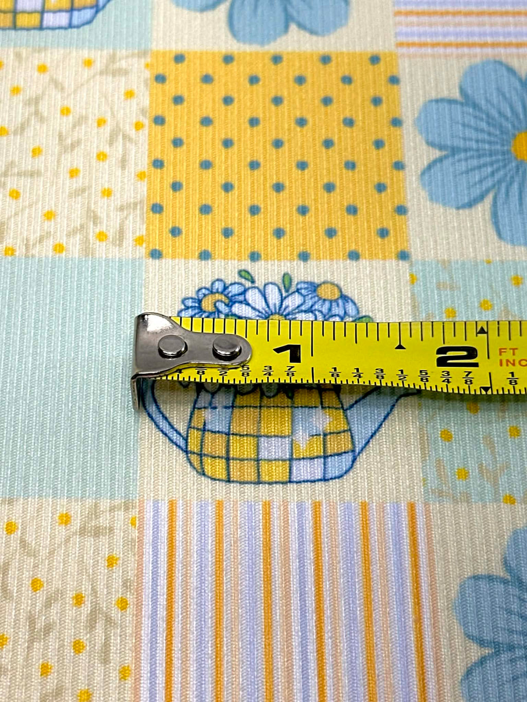 (2X2 RIB) BLUE AND YELLOW FLOWERS, POLKA DOTS AND STRIPES PATTERN