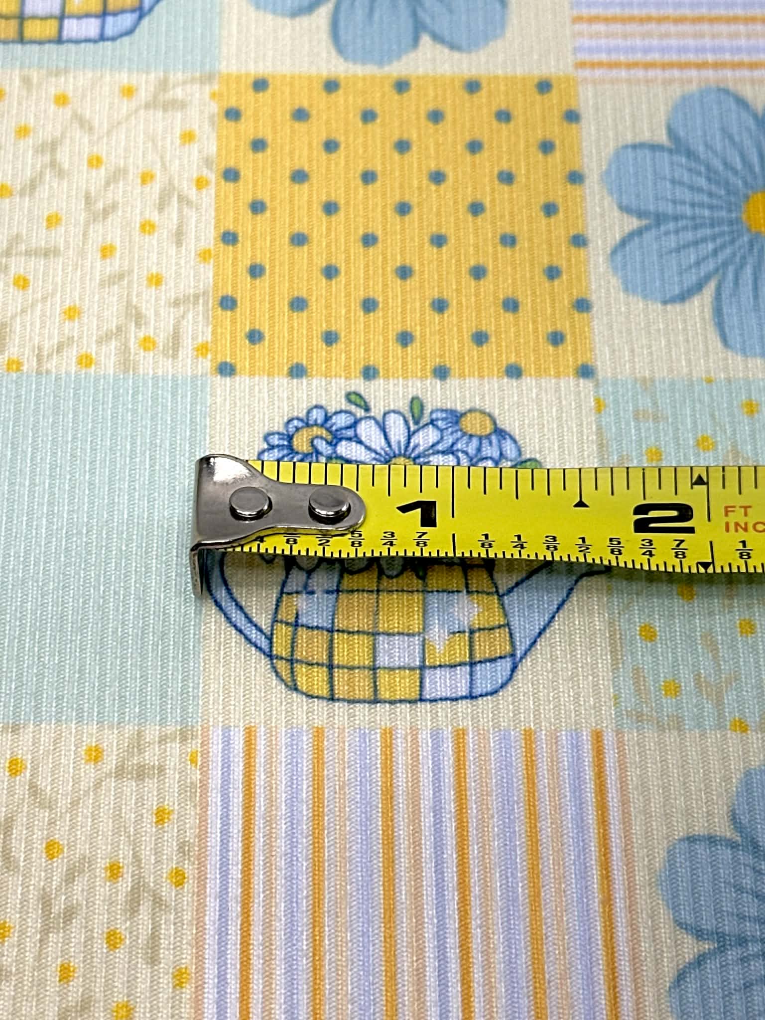(2X2 RIB) BLUE AND YELLOW FLOWERS, POLKA DOTS AND STRIPES PATTERN