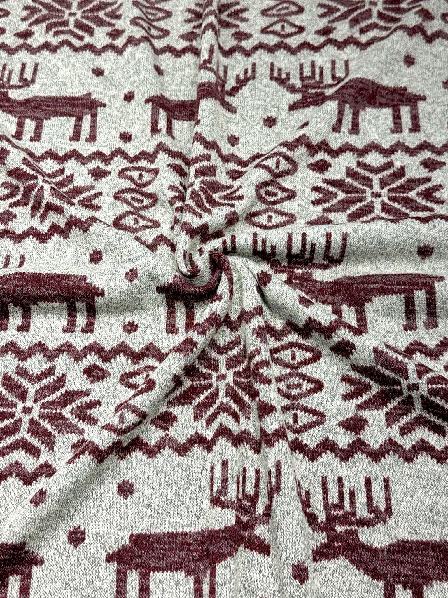 (HACCI SWEATER KNIT) WINE REINDEERS ON HEATHER GREY