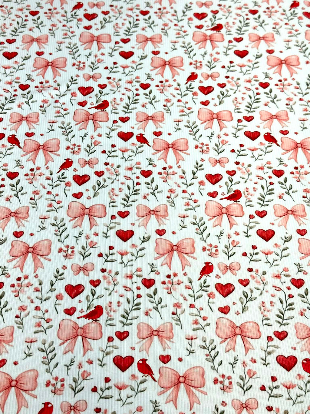 (2X2 BRUSHED RIB) HEARTS, BOWS, FLOWERS, AND RED BIRDS ON OFF WHITE