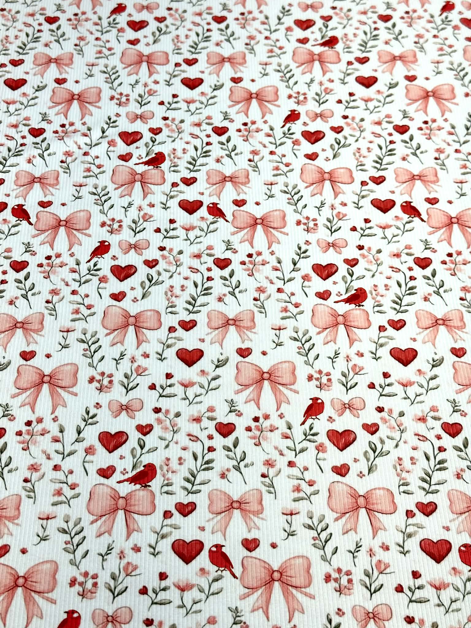 (2X2 BRUSHED RIB) HEARTS, BOWS, FLOWERS, AND RED BIRDS ON OFF WHITE