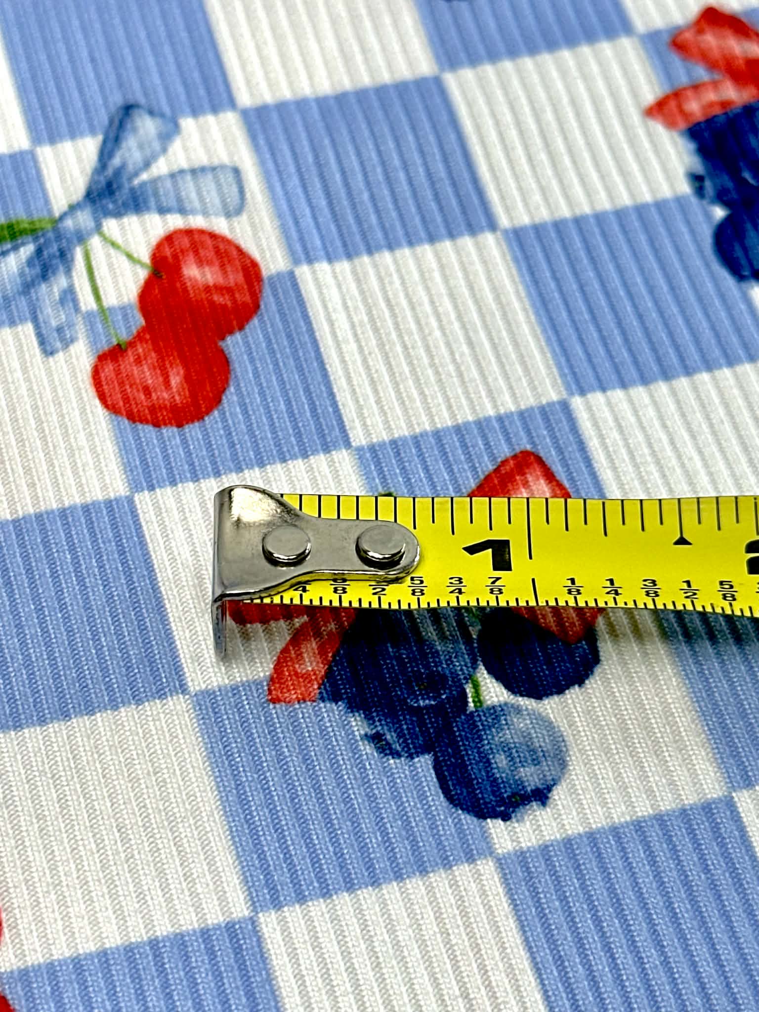(2X2 YUMMY RIB) CHERRIES AND BLUEBERRIES WITH BOWS ON BLUE AND OFF WHITE CHECKERED