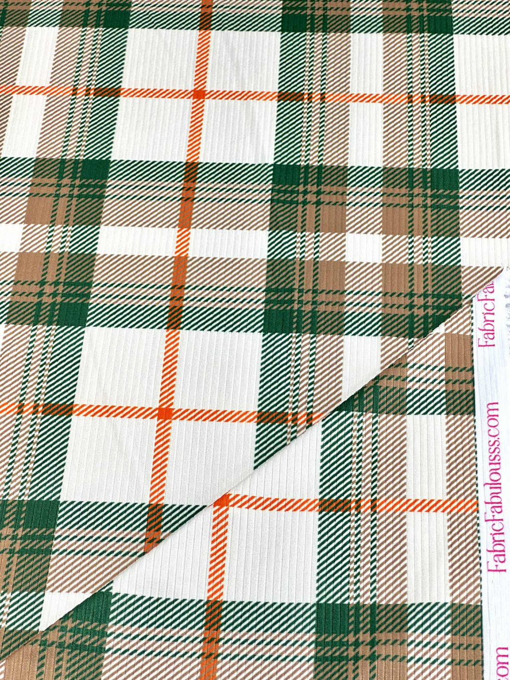 (4X2 RIB) EMERALD, ORANGE, TAN AND OFF WHITE PLAID