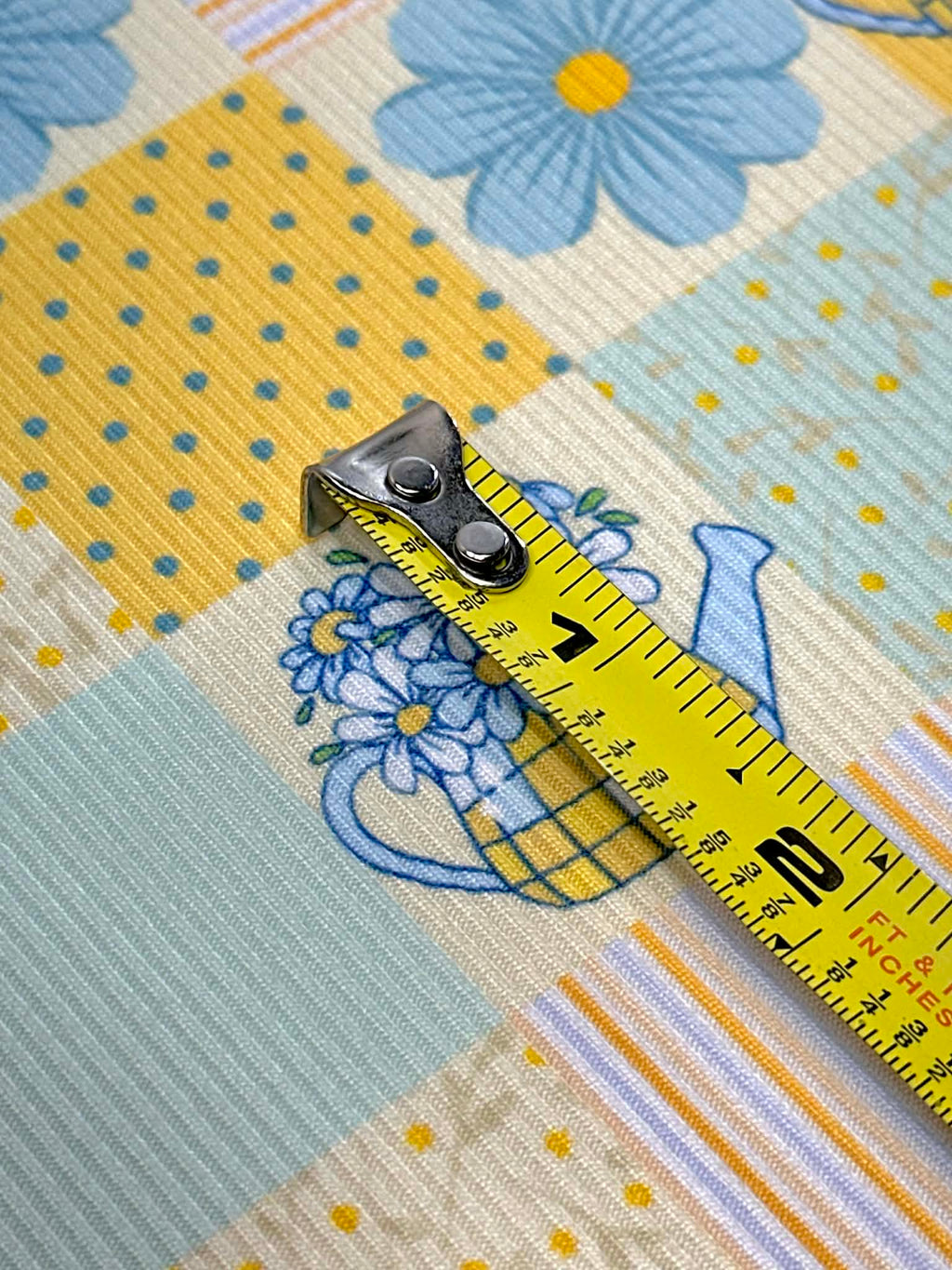 (2X2 RIB) BLUE AND YELLOW FLOWERS, POLKA DOTS AND STRIPES PATTERN