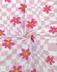 (DBP) PRETTY PINK, YELLOW HAPPY FACE FLOWERS ON LIGHT PINK CHECKERED WAVE