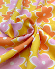 (POLYESTER) PINK AND ORANGE FLOWERS ON MUSTARD