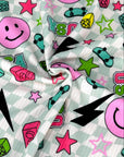 (YUMMY RIB) PINK HAPPY FACES AND SKATEBOARDS ON CHECKERED WAVE