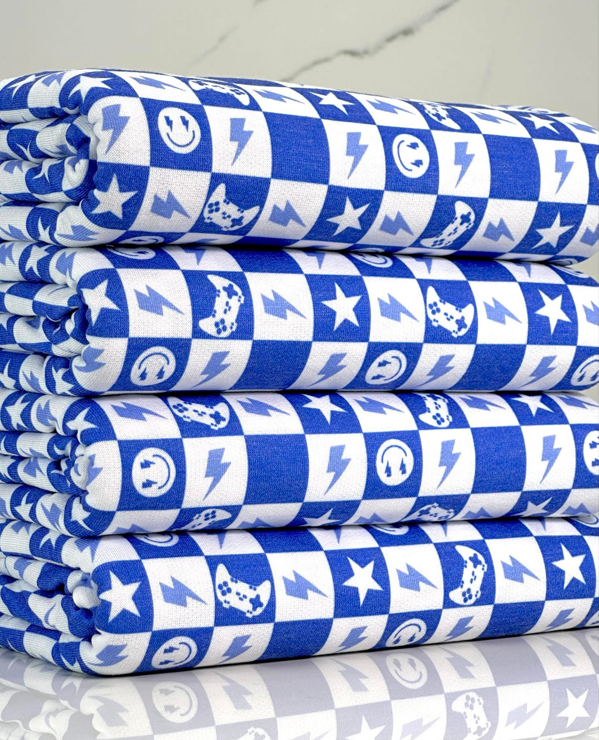 (FRENCH TERRY) ROYAL BLUE GAMER AND HAPPY FACES CHECKERED PRINT (2)
