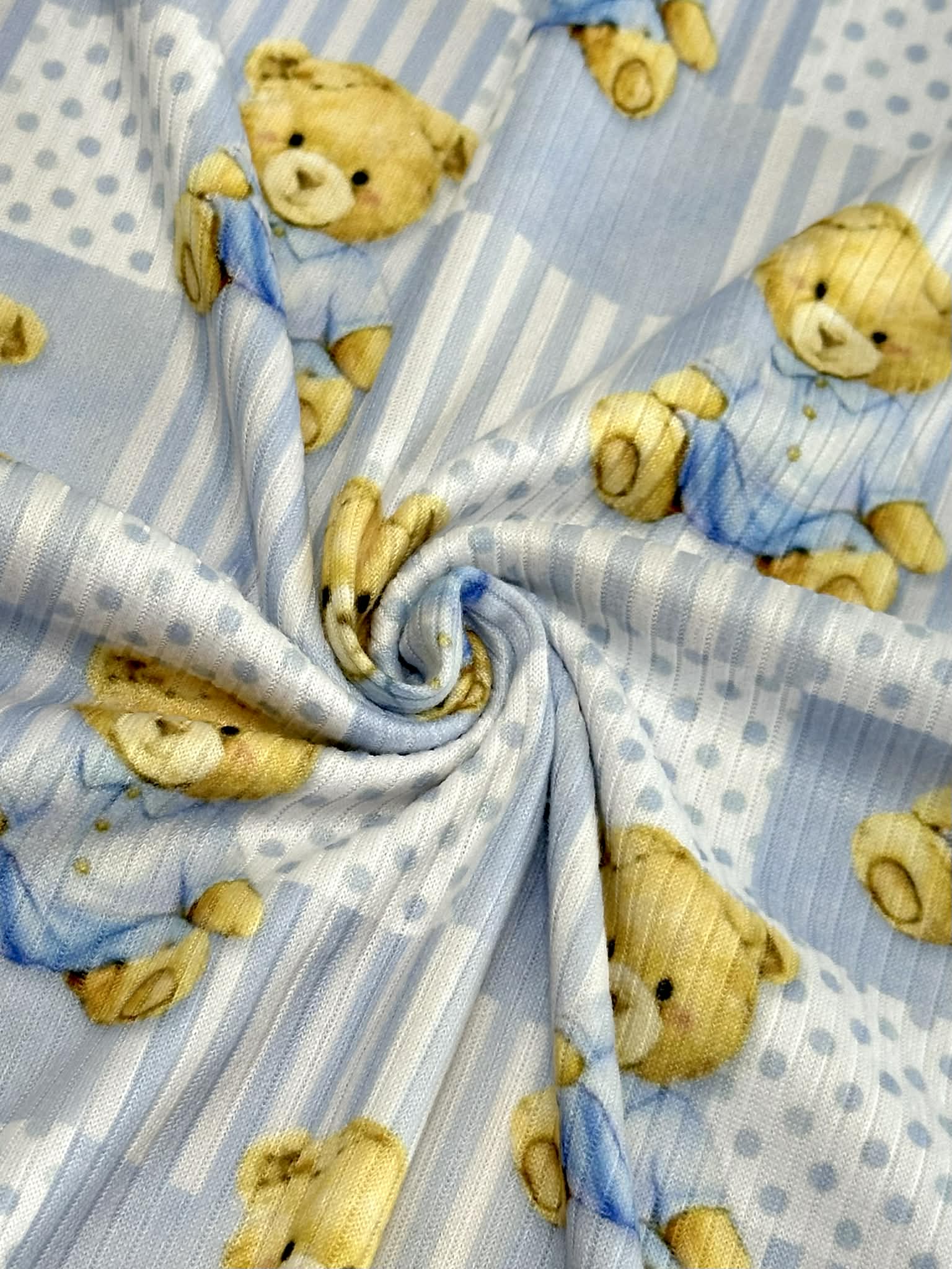 (4X2 YUMMY RIB) TEDDY BEARS, BABY BLUE POLKA DOTS AND STRIPES PATTERN