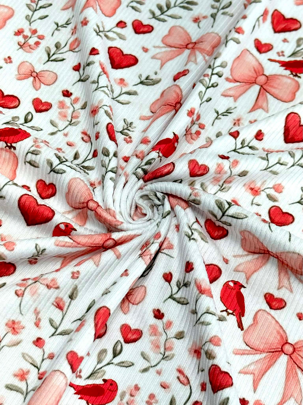 (2X2 BRUSHED RIB) HEARTS, BOWS, FLOWERS, AND RED BIRDS ON OFF WHITE