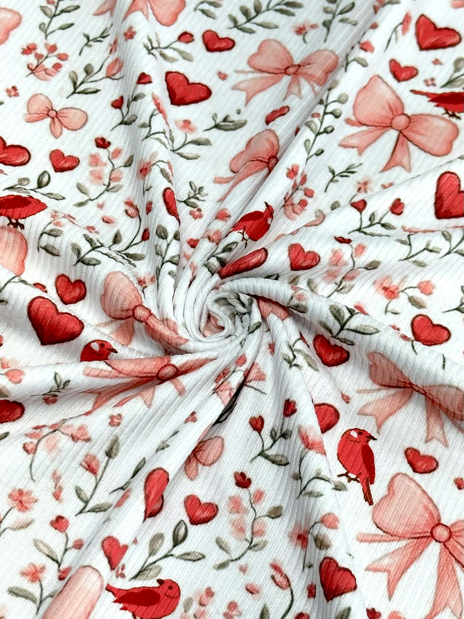 (2X2 BRUSHED RIB) HEARTS, BOWS, FLOWERS, AND RED BIRDS ON OFF WHITE
