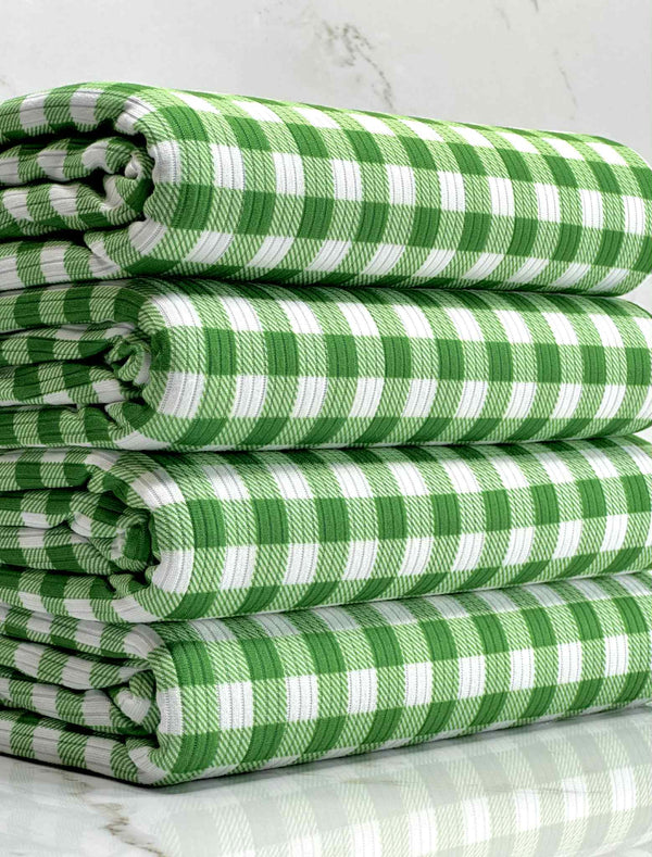 (4X2 RIB) GREEN AND OFF WHITE GINGHAM