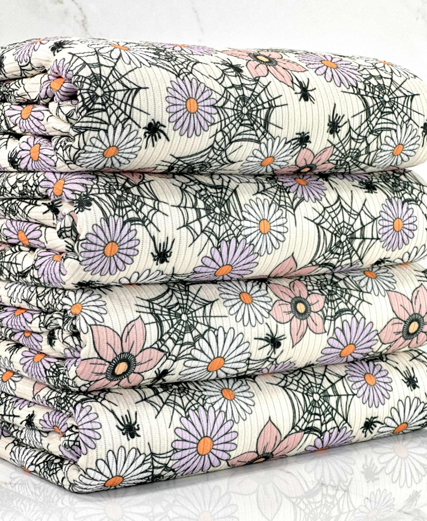 (4X2 RIB) SPIDERWEBS, FLOWERS, AND SPIDERS ON LIGHT CREAM