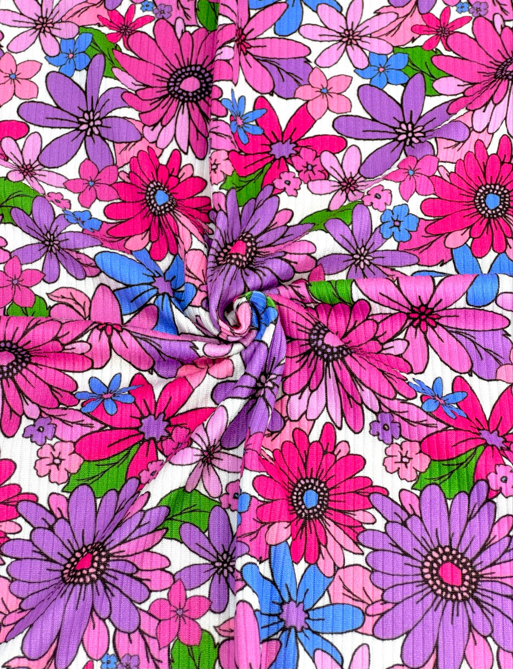 (YUMMY RIB) MAGENTA, PURPLE, FUCHSIA AND BLUE FLOWERS ON WHITE(2)