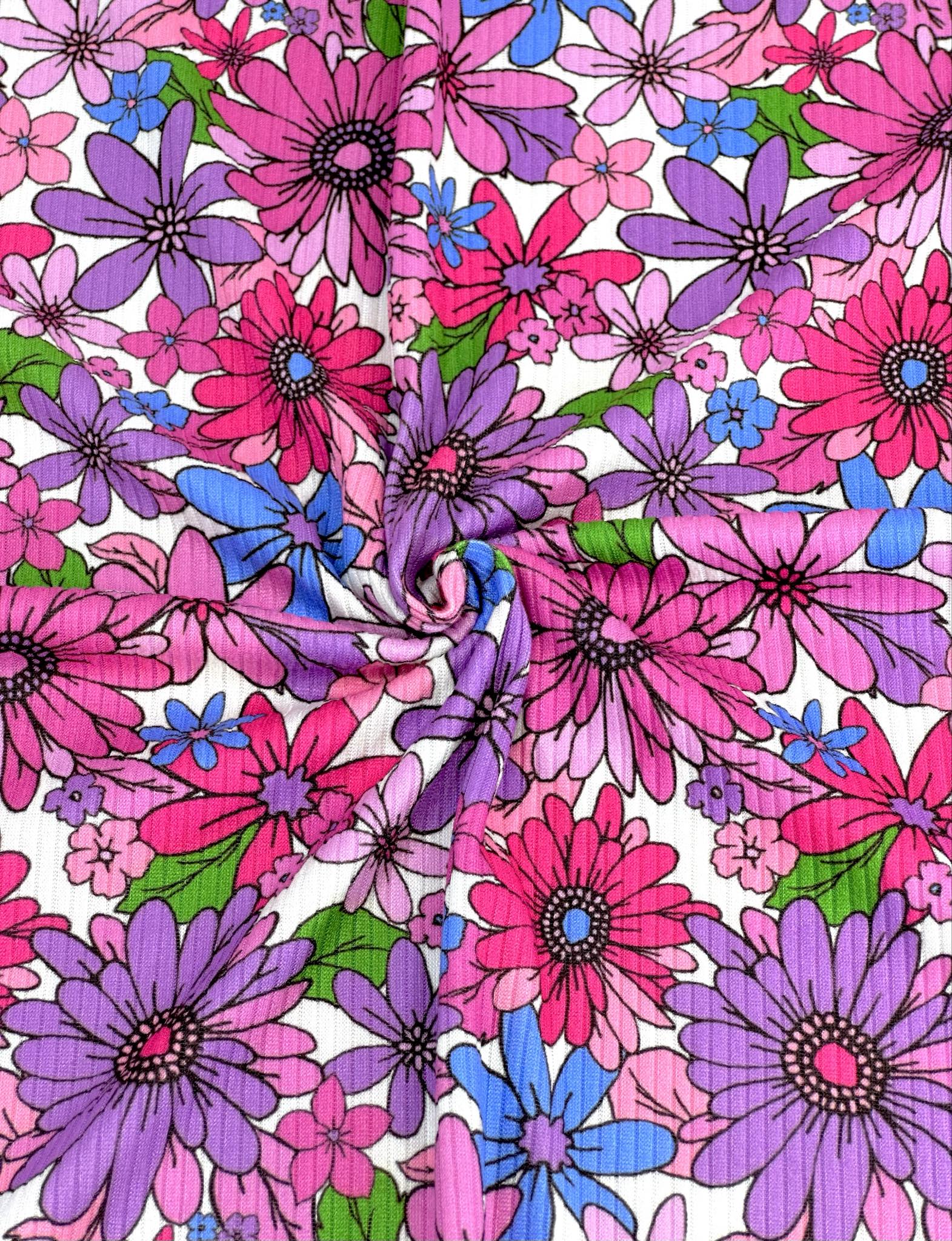 (YUMMY RIB) MAGENTA, PURPLE, FUCHSIA AND BLUE FLOWERS ON WHITE(2)
