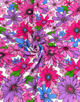 (YUMMY RIB) MAGENTA, PURPLE, FUCHSIA AND BLUE FLOWERS ON WHITE