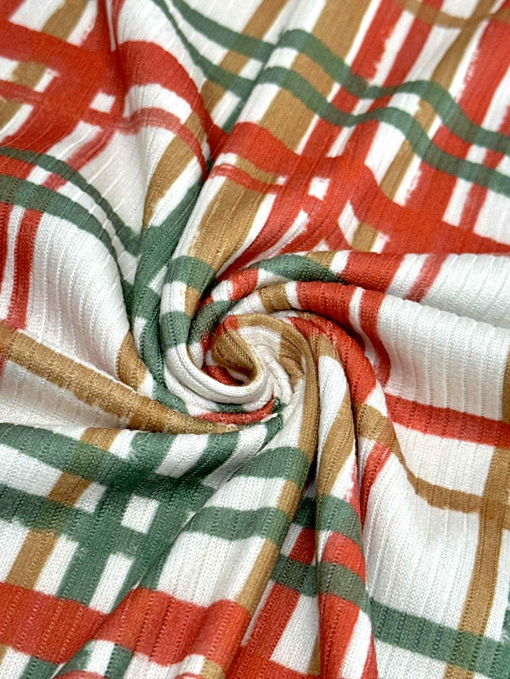(4X2 RIB) CAMEL, RED, AND GREEN PLAID ON IVORY