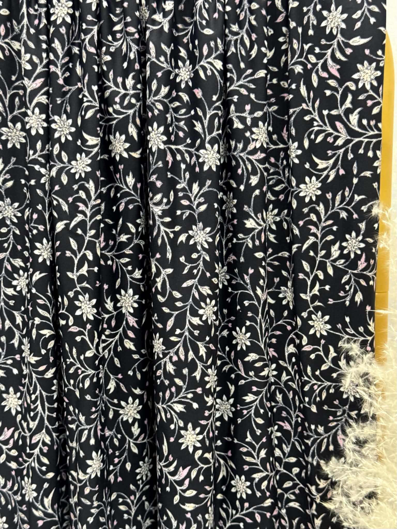 (SWIM) PINK AND OFF WHITE FLORAL ON BLACK