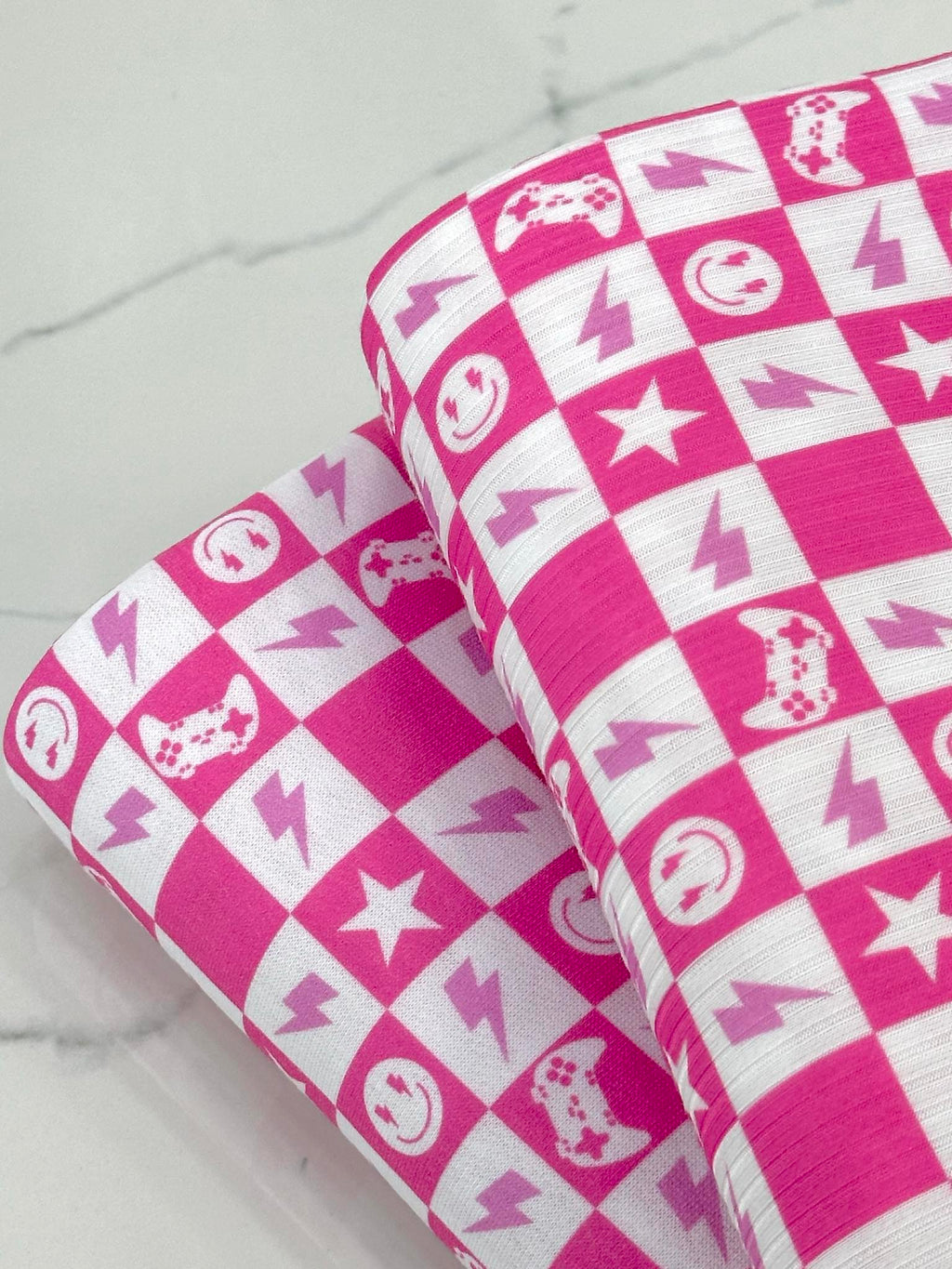 (FRENCH TERRY) PINK GAMER AND HAPPY FACES CHECKERED PRINT (1)