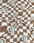 (YUMMY RIB) CREAM HAPPY FACES ON LIGHT BROWN CHECKERED WAVE