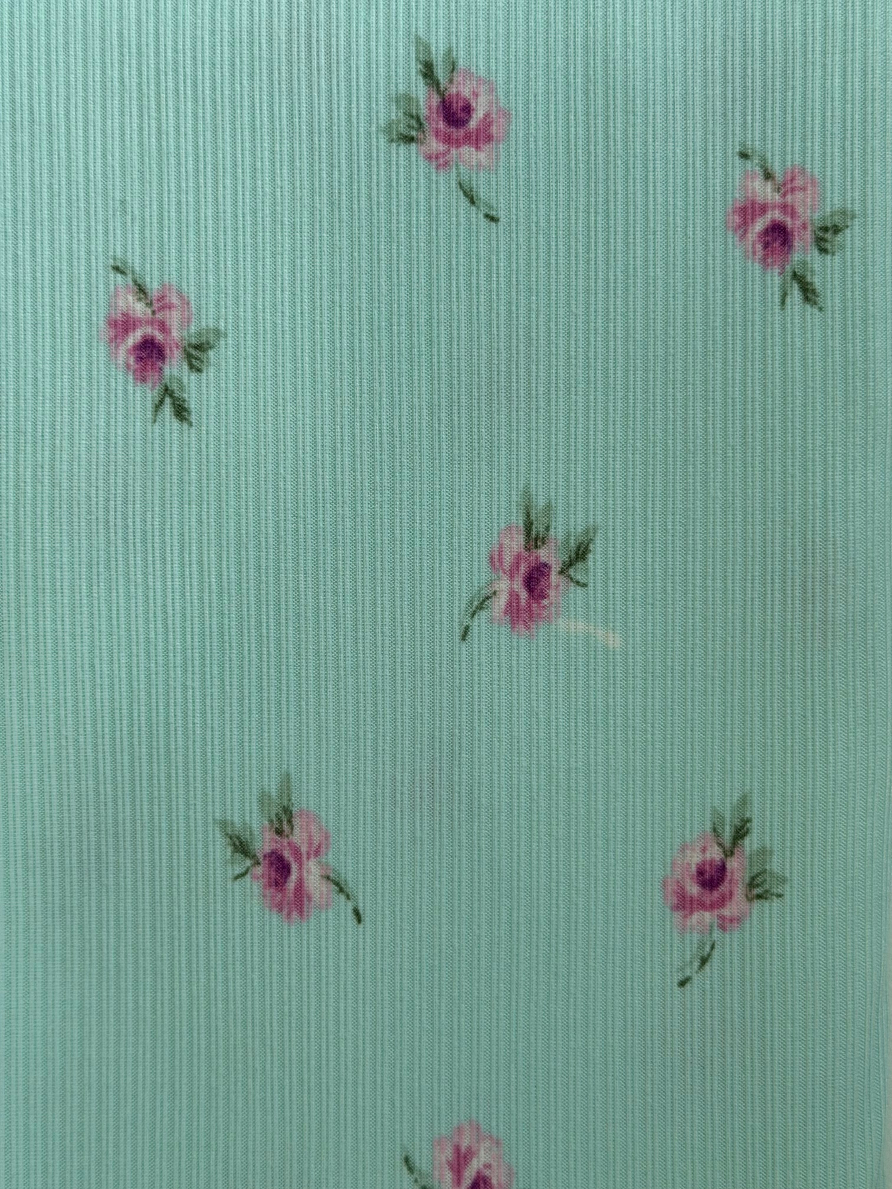 (4X2 RIB) PINK FLOWERS ON LIGHT MINT