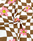 (DBP) PINK, YELLOW HAPPY FACE FLOWERS ON BROWN CHECKERED WAVE