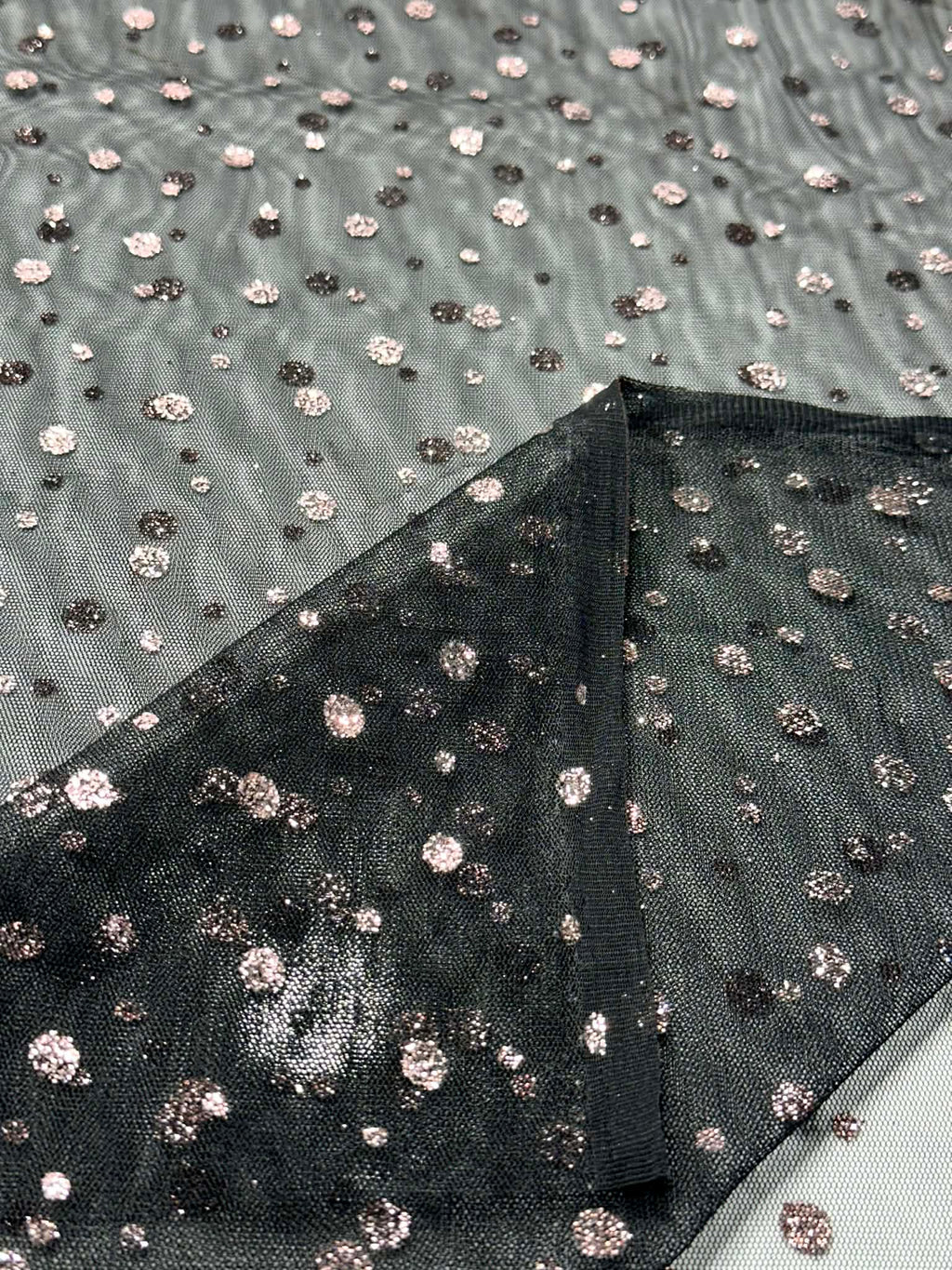 (MESH) PINK GLITTER POLKA DOTS ON BLACK
