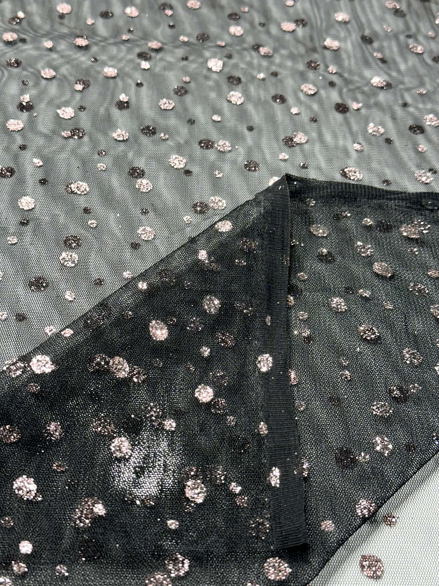 (MESH) PINK GLITTER POLKA DOTS ON BLACK