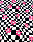 (YUMMY RIB) PINK, WHITE HAPPY FACE FLOWERS ON BLACK CHECKERED WAVE