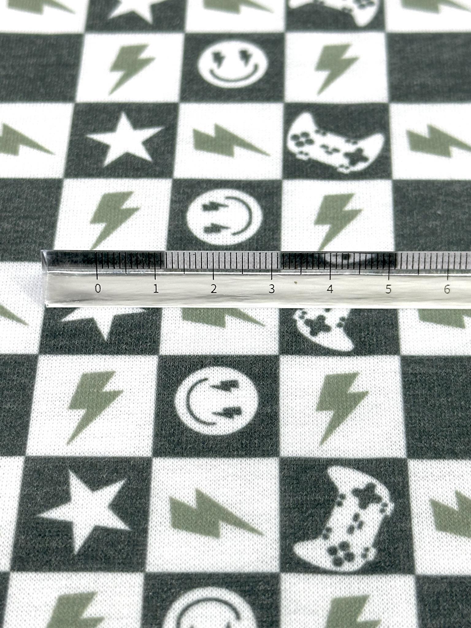 (FRENCH TERRY) DARK GREEN GAMER AND HAPPY FACES CHECKERED PRINT