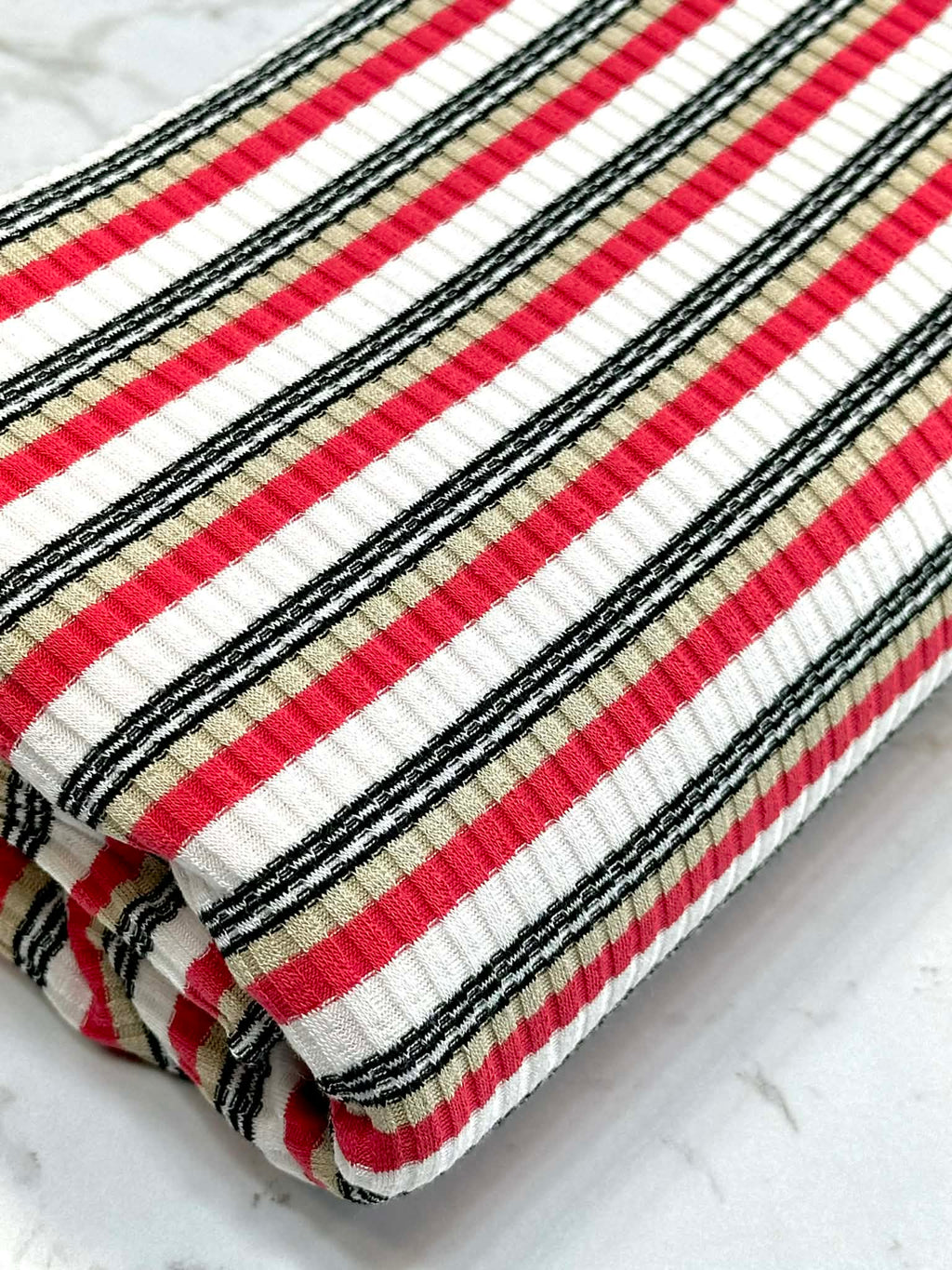 (RIB) TAN, RED, AND BLACK STRIPES ON OFF WHITE