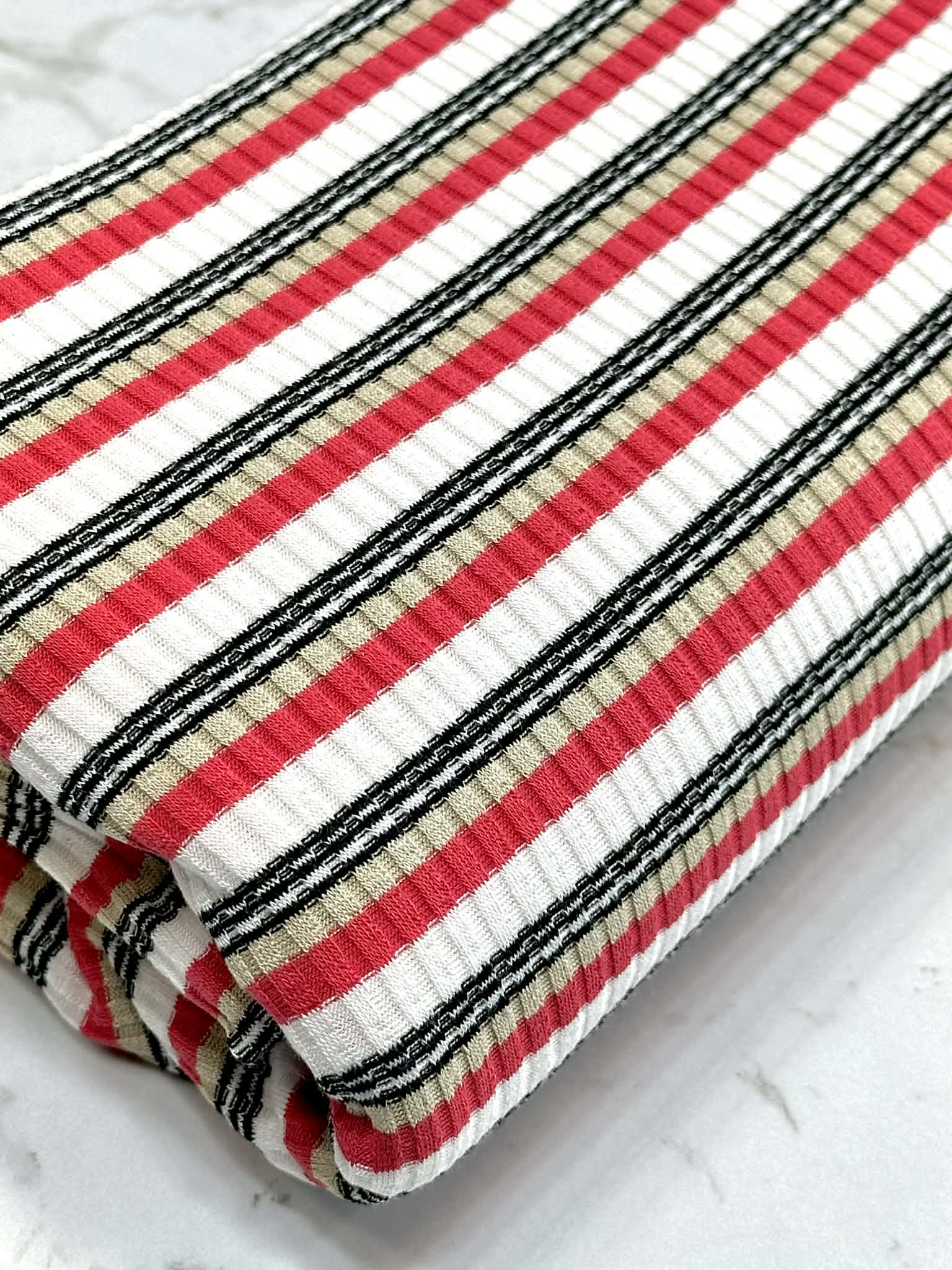 (RIB) TAN, RED, AND BLACK STRIPES ON OFF WHITE