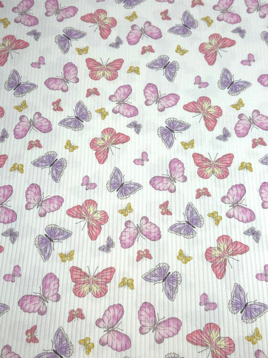 (YUMMY RIB) PINK, PURPLE, AND YELLOW BUTTERFLIES ON OFF WHITE