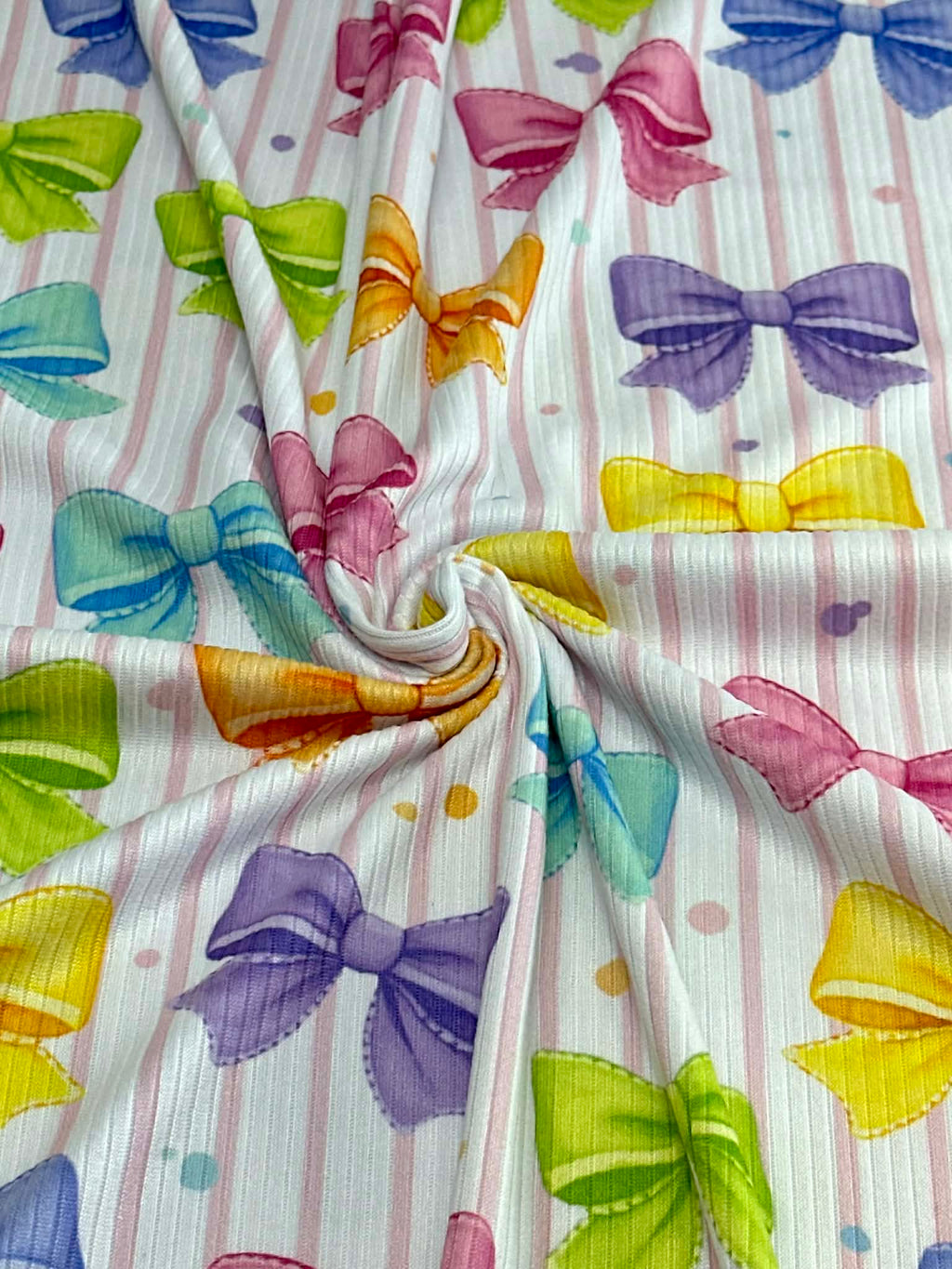 (4X2 YUMMY RIB) COLORFUL BOWS AND PINK STRIPES ON OFF WHITE